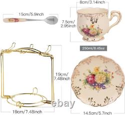 Tea Cup and Saucer Set of 6, 200Ml Vintage Ivory Porcelain Cups Saucers Set with