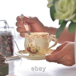 Tea Cup and Saucer Set of 6, 200Ml Vintage Ivory Porcelain Cups Saucers Set with