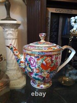 Tea Pot &6 Chinese Mille fleur Famille Rose Gold Gilded Floral Tea Cups Saucers