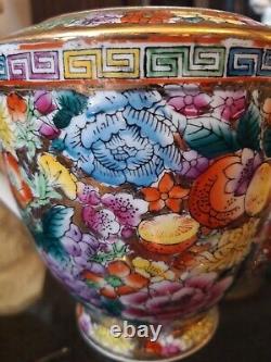 Tea Pot &6 Chinese Mille fleur Famille Rose Gold Gilded Floral Tea Cups Saucers