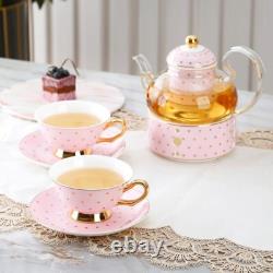Tea or Coffee set of Pink and Gold Polka Dot Teapot with four cup and saucers