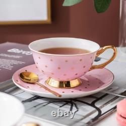 Tea or Coffee set of Pink and Gold Polka Dot Teapot with four cup and saucers