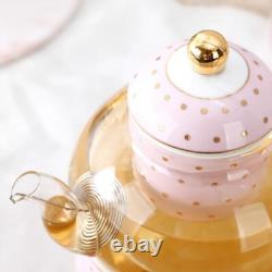 Tea or Coffee set of Pink and Gold Polka Dot Teapot with four cup and saucers