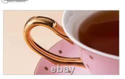 Tea or Coffee set of Pink and Gold Polka Dot Teapot with four cup and saucers