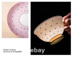 Tea or Coffee set of Pink and Gold Polka Dot Teapot with four cup and saucers