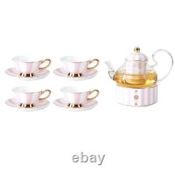 Tea or Coffee set of Pink and White Striped Teapot with four cup and saucers