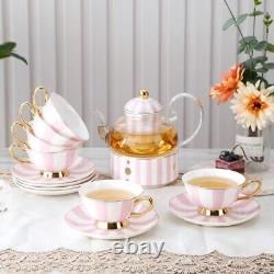Tea or Coffee set of Pink and White Striped Teapot with four cup and saucers