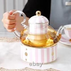 Tea or Coffee set of Pink and White Striped Teapot with four cup and saucers