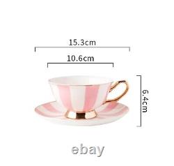 Tea or Coffee set of Pink and White Striped Teapot with four cup and saucers