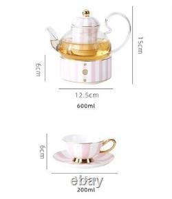 Tea or Coffee set of Pink and White Striped Teapot with four cup and saucers