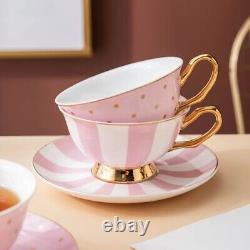 Tea or Coffee set of Pink and White Striped Teapot with four cup and saucers