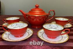 Teavana Exclusive Hand Finished Bone China Tea Set Pot Cups Saucers Red Gold