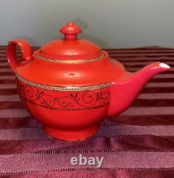 Teavana Exclusive Hand Finished Bone China Tea Set Pot Cups Saucers Red Gold