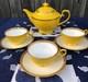 Teavana Noble Poppy Bone China Tea Set Teapot + 3 Cups & Saucers Gold Trim