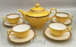 Teavana Noble Poppy Yellow Tea Set Teapot 4 Cups & Saucers Gold Trim Bone China