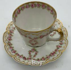 Theodore Haviland Limoges France Cup Saucer Pink Rose Swags Wreaths Double Gold