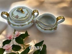 Theodore Haviland Limoges Tea Set (12) Cups Saucers Cream & Sugar Roses Gold