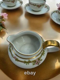 Theodore Haviland Limoges Tea Set (12) Cups Saucers Cream & Sugar Roses Gold