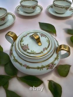 Theodore Haviland Limoges Tea Set (12) Cups Saucers Cream & Sugar Roses Gold