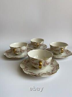 Theodore Haviland New York Set of 4 Tea Cups & Saucers Pink Roses Gold Accents