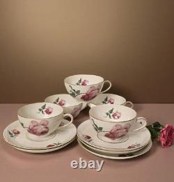 Thomas Germany Rose Floral Tea Cups & Saucers Set of 5 Gold Rim Vintage 1950s