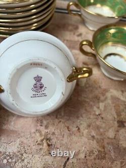 Tiffany & Co NY Minton Bullion 8 Tea Soup Gold Green Cups And 8 Saucers