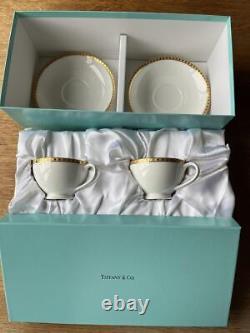 Tiffany & Co. Tea Cup and Saucer set of 2 Gold Band White Coffee with box Unused