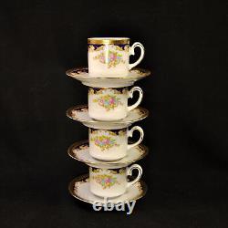 Tirschenreuth Zehendner 4 Demitasse Cups & 4 Saucers 1940+ Floral Bouquet withGold