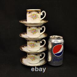 Tirschenreuth Zehendner 4 Demitasse Cups & 4 Saucers 1940+ Floral Bouquet withGold