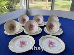 Tokyo China Porcelain Set 6 Tea Cups Saucers + 2 Extra Footed Painted Roses Gold