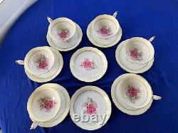 Tokyo China Porcelain Set 6 Tea Cups Saucers + 2 Extra Footed Painted Roses Gold