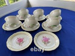 Tokyo China Porcelain Set 6 Tea Cups Saucers + 2 Extra Footed Painted Roses Gold