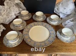 Traditional Arts Blue Hand Gilded Fine Bone China 6 Tea Cups & Saucers, 1 plate