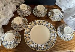 Traditional Arts Blue Hand Gilded Fine Bone China 6 Tea Cups & Saucers, 1 plate