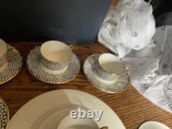 Traditional Arts Blue Hand Gilded Fine Bone China 6 Tea Cups & Saucers, 1 plate