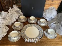 Traditional Arts Blue Hand Gilded Fine Bone China 6 Tea Cups & Saucers, 1 plate