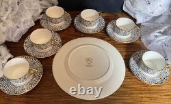Traditional Arts Blue Hand Gilded Fine Bone China 6 Tea Cups & Saucers, 1 plate