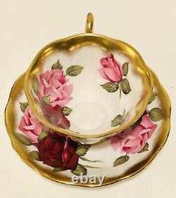 Treasure Chest Royal Albert Tea Cup & Saucer Huge Pink & Red Roses Heavy Gold