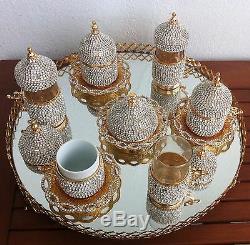 Turkish-Coffee-Espresso-Water-Tea-Cup-Saucer Swarovski Set-GOLD-Jardinier Mirror