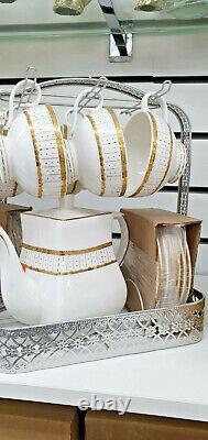 Turkish Golden, 14pc Tea Set With Rack Cups Saucers Teapot Xmas Gift