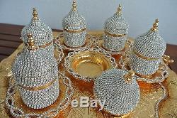 Turkish Greek Arabic Coffee Espresso Cup Saucer Tray Made with Swarovski GOLD