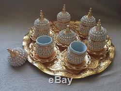 Turkish Greek Arabic Coffee Espresso Cup Saucer Tray Swarovski Pearl Coat GOLD