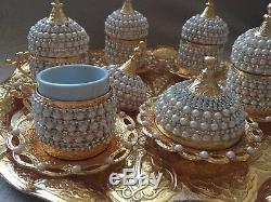 Turkish Greek Arabic Coffee Espresso Cup Saucer Tray Swarovski Pearl Coat GOLD