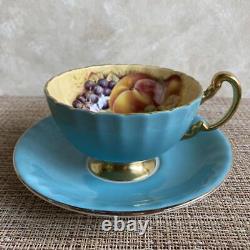 Used Aynsley Teacup & Saucer Orchard Gold Fruits Turquoise
