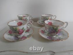 VINTAGE ROYAL STAFFORD CAROUSEL HYDRANGEAS FLORAL SET OF 4x TEA CUPS AND SAUCERS