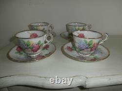 VINTAGE ROYAL STAFFORD CAROUSEL HYDRANGEAS FLORAL SET OF 4x TEA CUPS AND SAUCERS