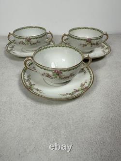 VTG Rare Limoges France Bouillon Cups & Saucers Pink Floral Gold Haviland Set