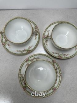 VTG Rare Limoges France Bouillon Cups & Saucers Pink Floral Gold Haviland Set
