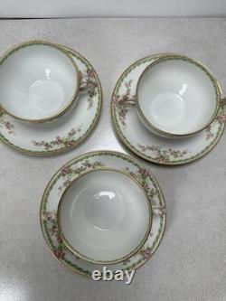 VTG Rare Limoges France Bouillon Cups & Saucers Pink Floral Gold Haviland Set