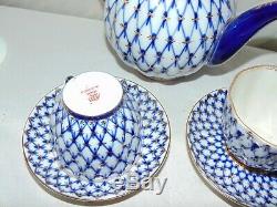 VTG Russian Imperial Lomonosov Porcelain Teapot Cups & Saucers Cobalt Net Gold
